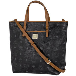 MCM Logogram Visetos 2-Way Handbag Shoulder Bag Leather Black Brown Women's